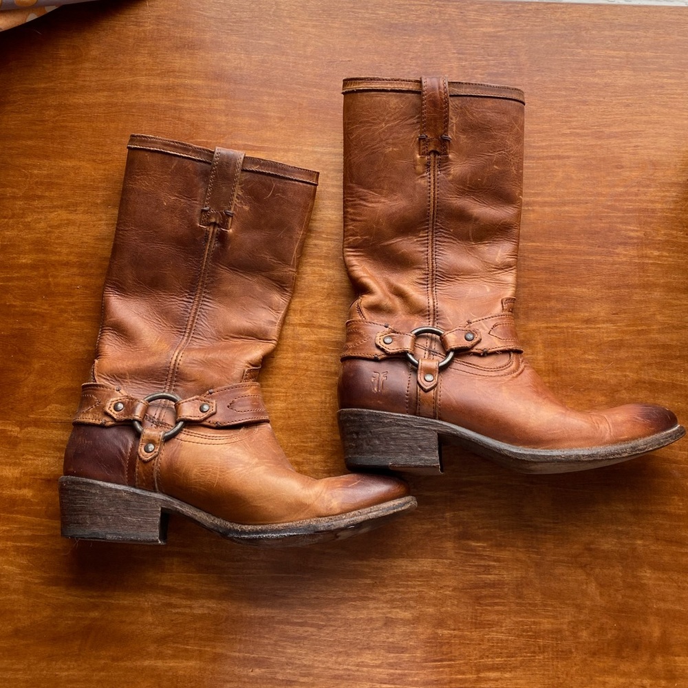 Frye - Distressed Brown Harness Boots - Excellent Condition